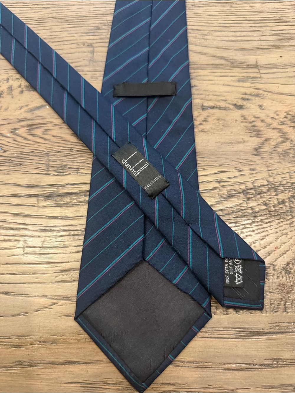 Dunhill Navy Silk Tie with Teal and Purple Pinstripes